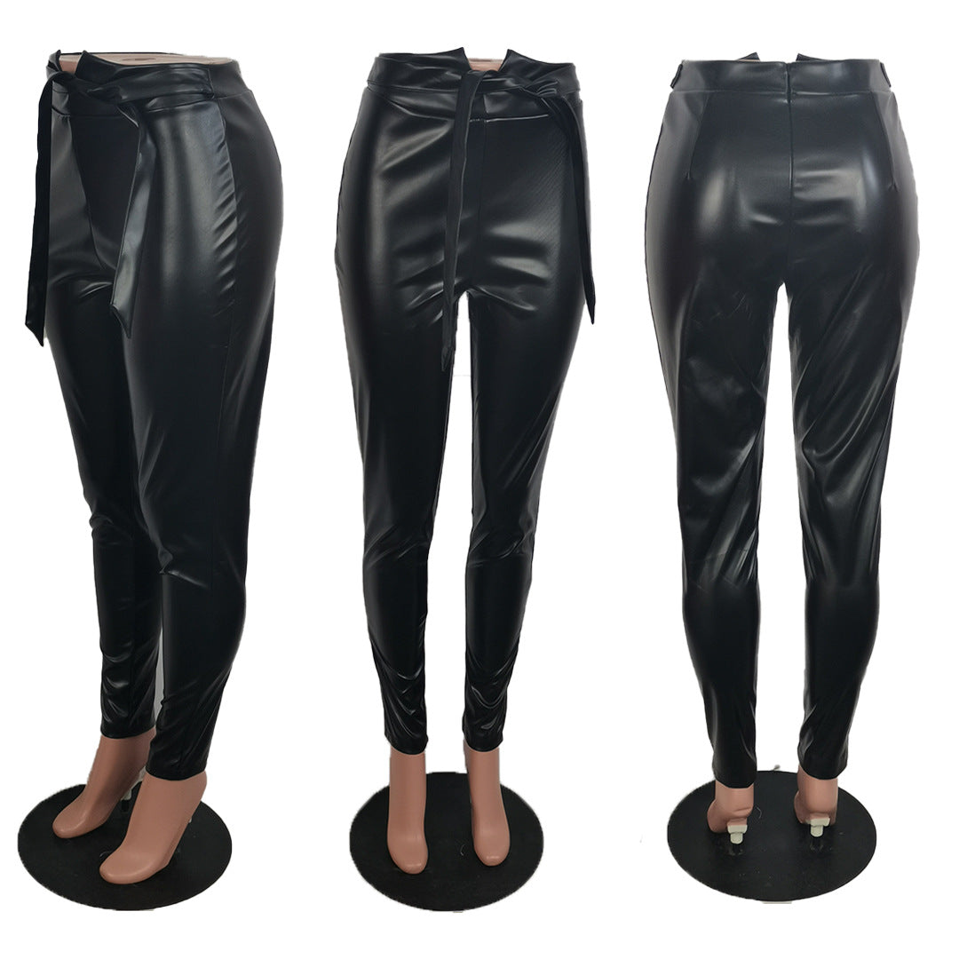 Autumn And Winter European And American Casual Solid Color Leather Pants