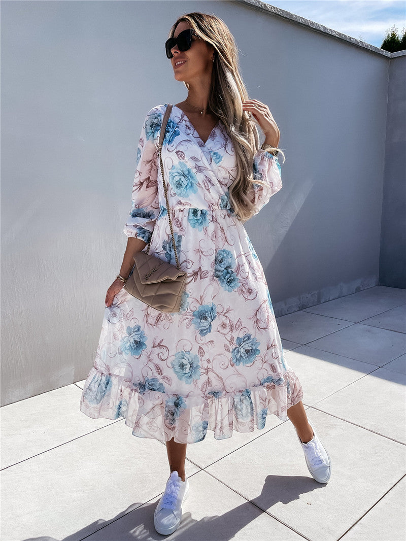 Fashion Long Sleeve Floral Waist Chiffon Dress