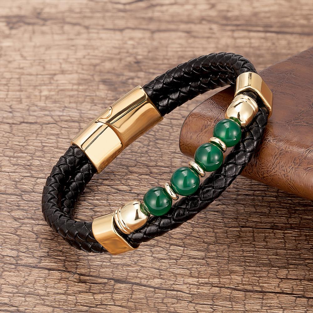 Stone Leather Bracelet Stainless Steel Magnet Buckle Pulsera para Hombre en Cuero y Jade – Power