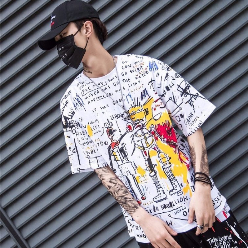 Graffiti print couple short sleeve T-shirt