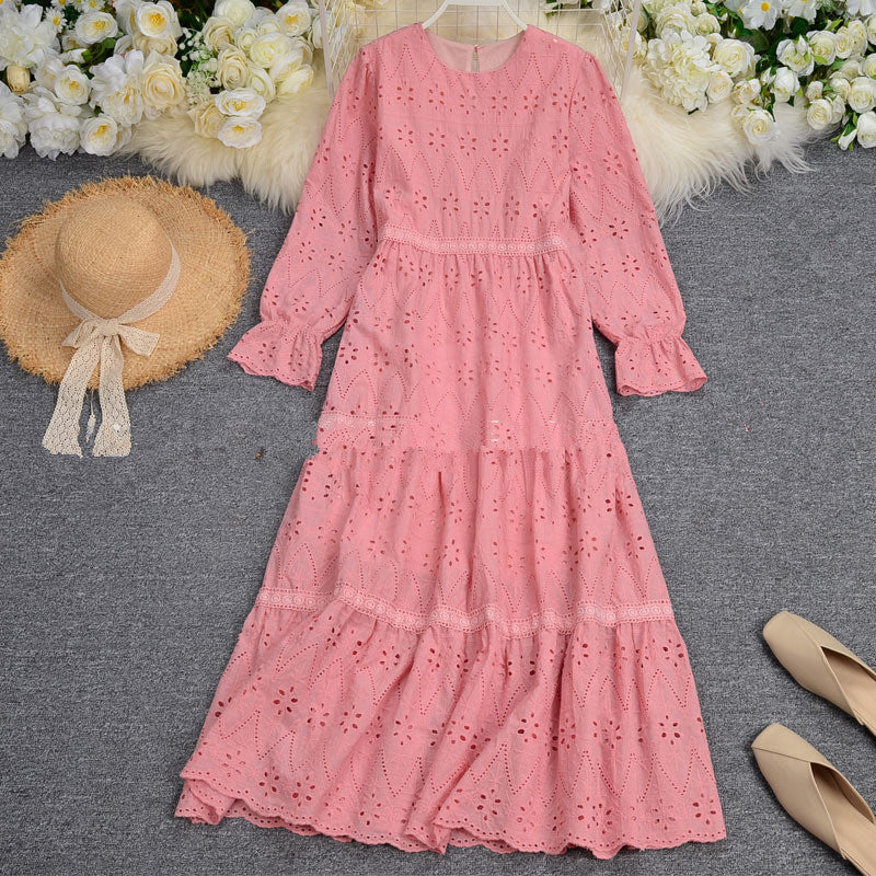 Embroidery Hollow Out Bubble Sleeve Medium Length Dress