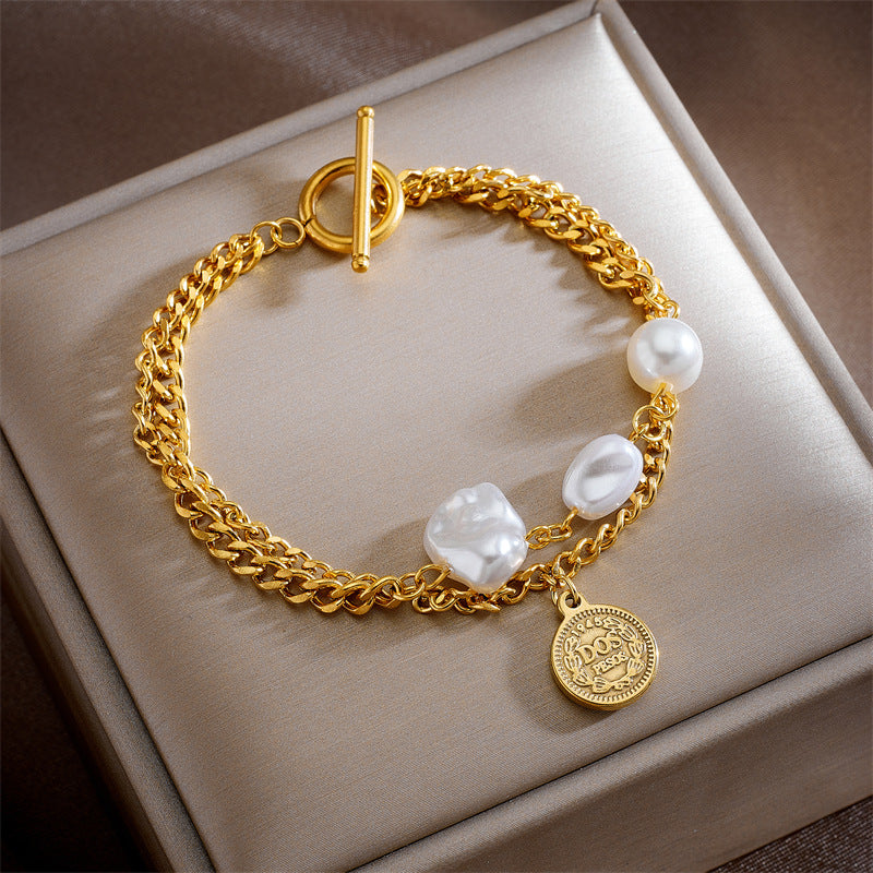 Double-layer Twin Chain Pearl Round Bracelet