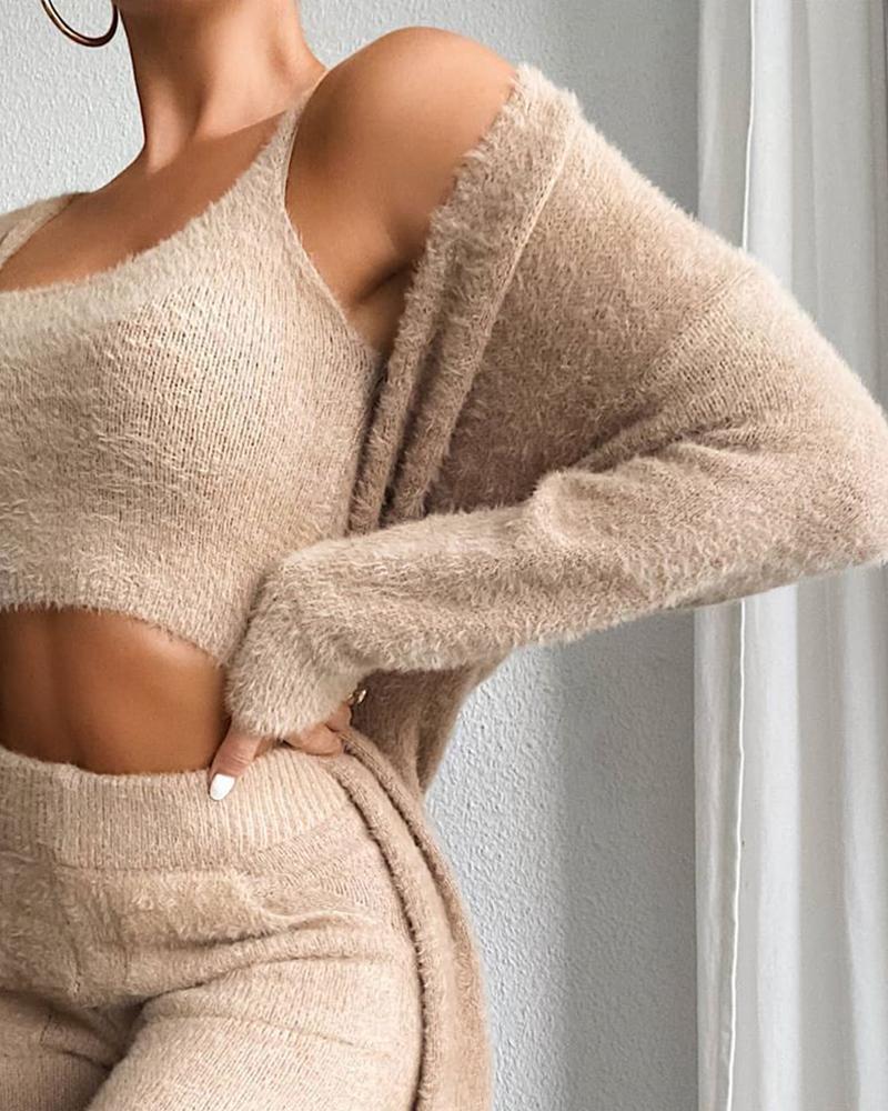 Cozy Pajama Set, 3 Piece Lounge Set, Cute Loungewear, Warm Suit Sets, Matching Set, Lounge Set, 3 Piece Pant Sets, Solid Color Fluffy Lounge Set