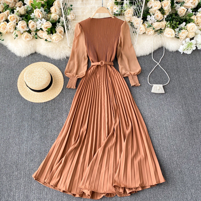 Pleated Waist Slimming Light Mature Dress vintage mode