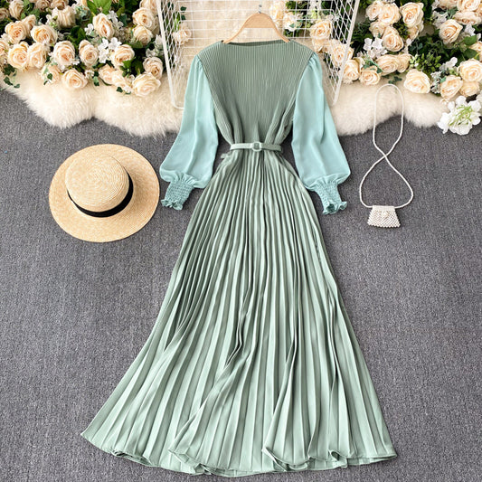 Pleated Waist Slimming Light Mature Dress vintage mode