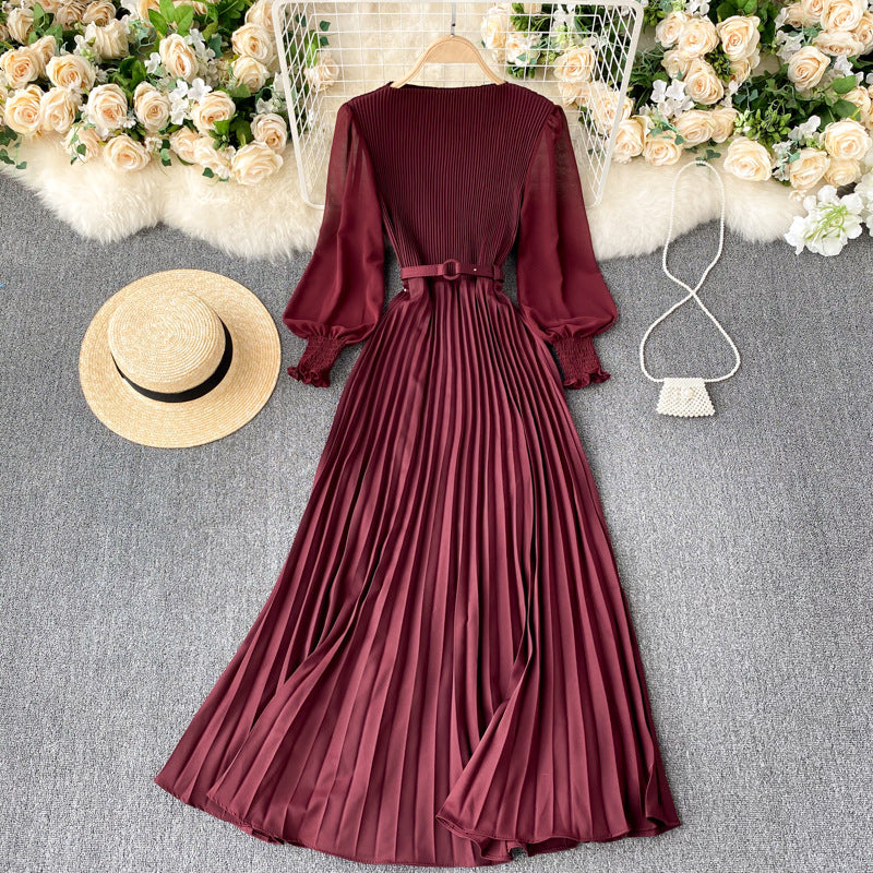 Pleated Waist Slimming Light Mature Dress vintage mode