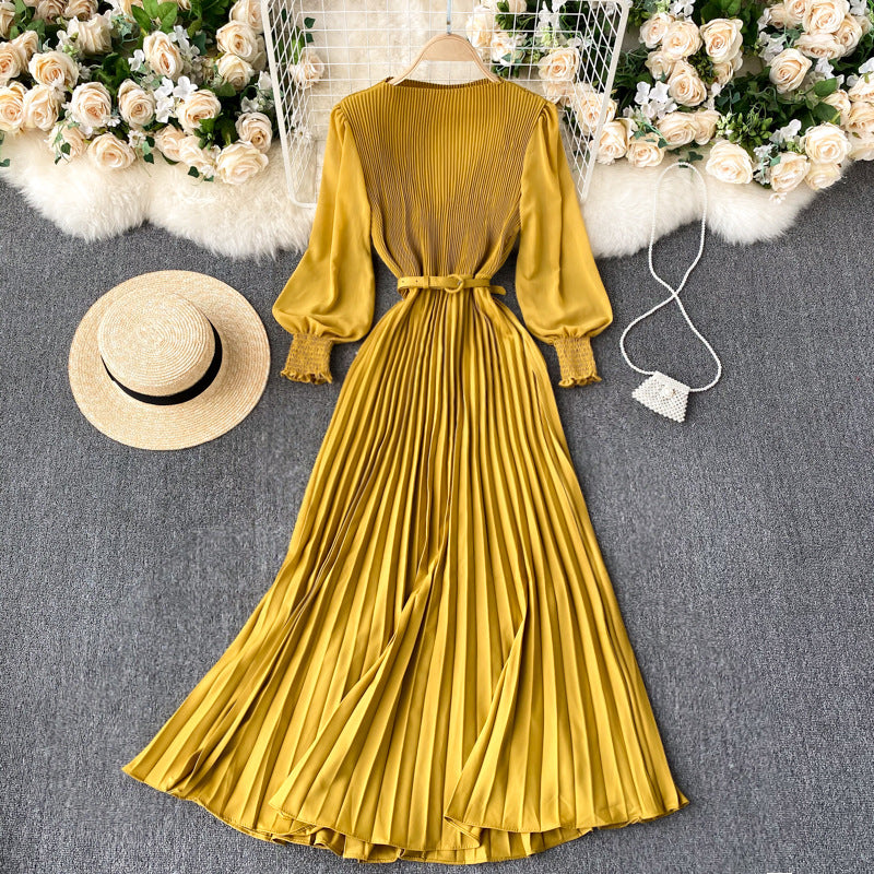 Pleated Waist Slimming Light Mature Dress vintage mode