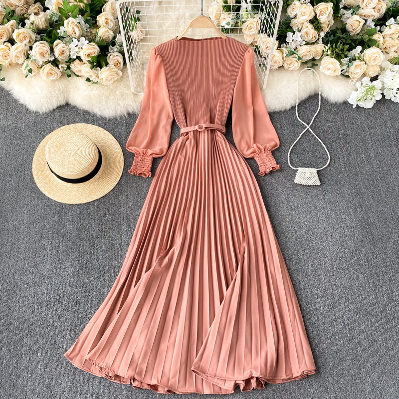 Pleated Waist Slimming Light Mature Dress vintage mode