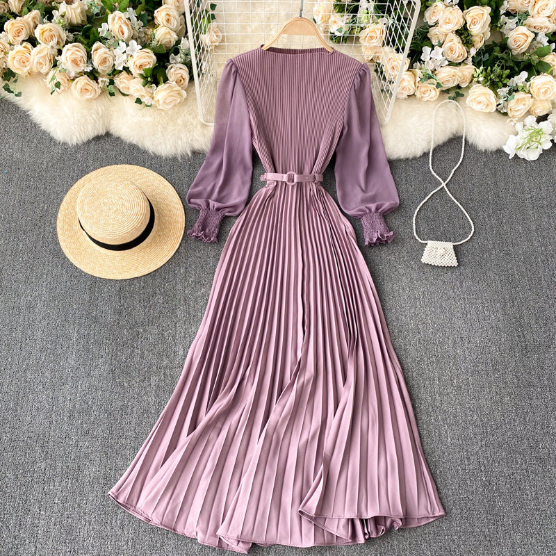 Pleated Waist Slimming Light Mature Dress vintage mode