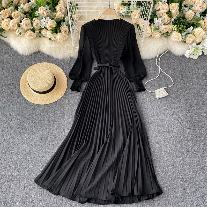 Pleated Waist Slimming Light Mature Dress vintage mode