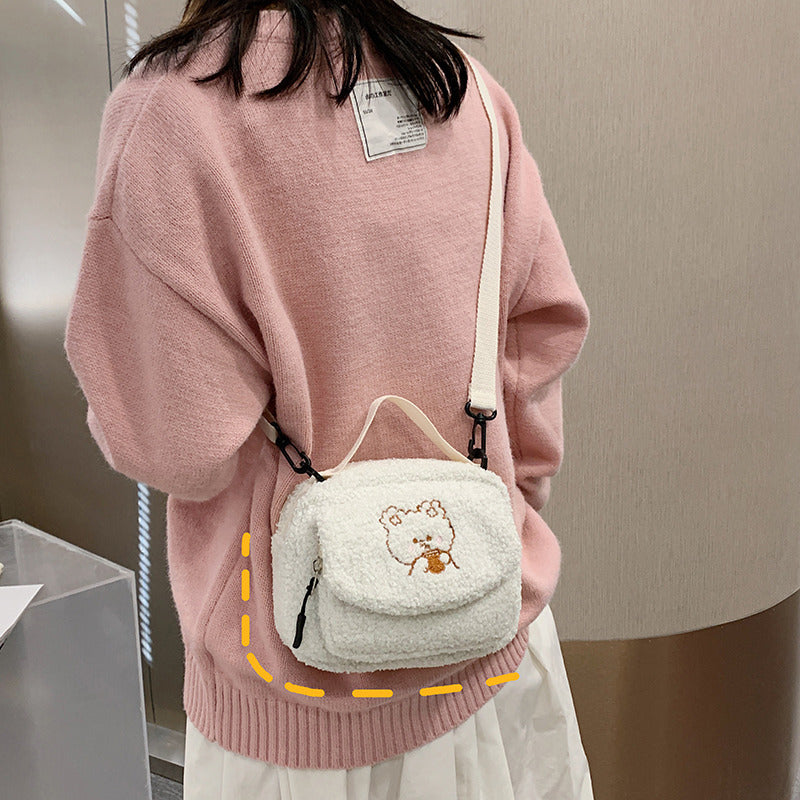 Women Mini Plush Shoulder Bag Female Small Canvas Cross Body Bags Ladies Embroidery Zipper Cloth Purse Mobile Phone Bag Tote