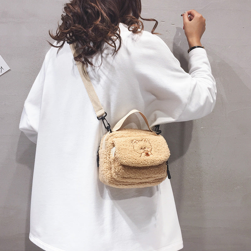 Women Mini Plush Shoulder Bag Female Small Canvas Cross Body Bags Ladies Embroidery Zipper Cloth Purse Mobile Phone Bag Tote