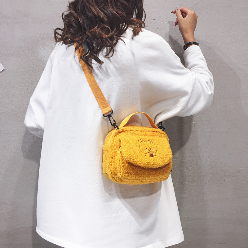 Women Mini Plush Shoulder Bag Female Small Canvas Cross Body Bags Ladies Embroidery Zipper Cloth Purse Mobile Phone Bag Tote