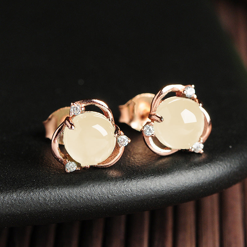 Ice Transparent Chalcedony Earrings Flower-Shaped Earrings Vintage Jade Three-Petal Flower Earrings