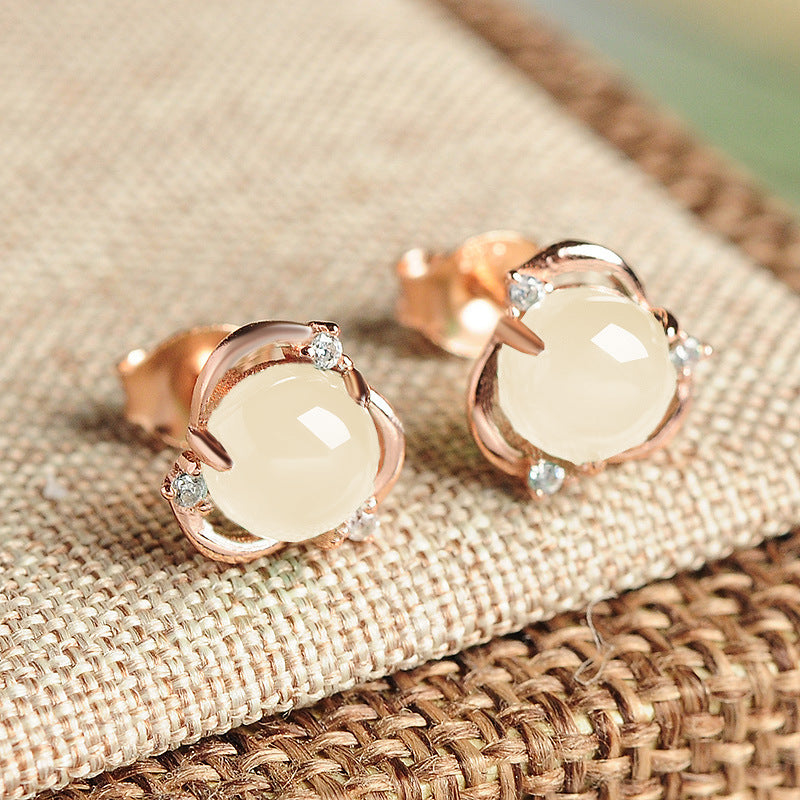 Ice Transparent Chalcedony Earrings Flower-Shaped Earrings Vintage Jade Three-Petal Flower Earrings