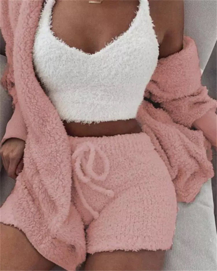 Go 3pcs Women Plush Pajamas Set Crop Top Cardigan and Shorts Sleepwear Jersey Lounge Set