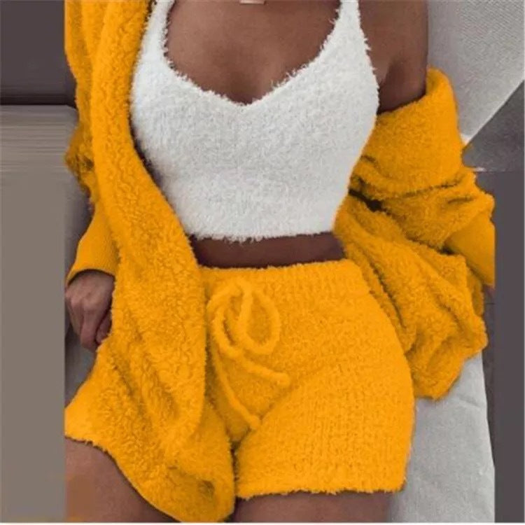 Go 3pcs Women Plush Pajamas Set Crop Top Cardigan and Shorts Sleepwear Jersey Lounge Set