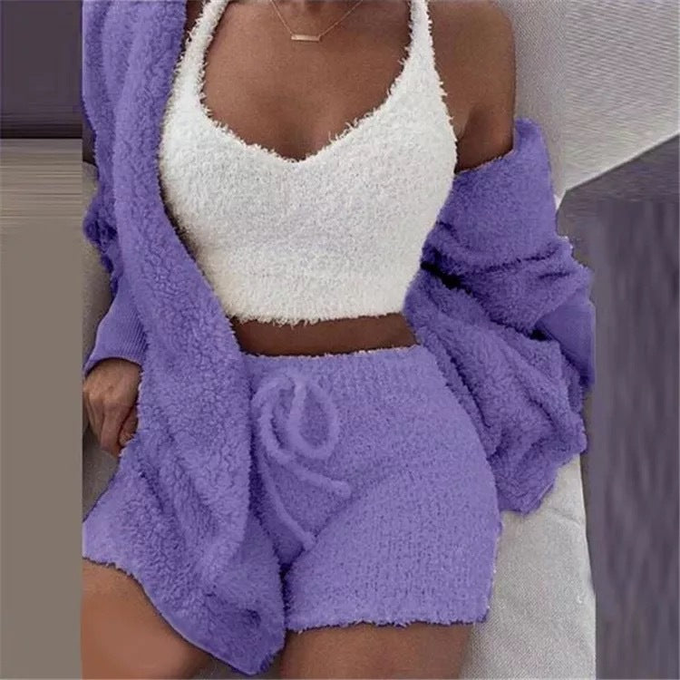 Go 3pcs Women Plush Pajamas Set Crop Top Cardigan and Shorts Sleepwear Jersey Lounge Set