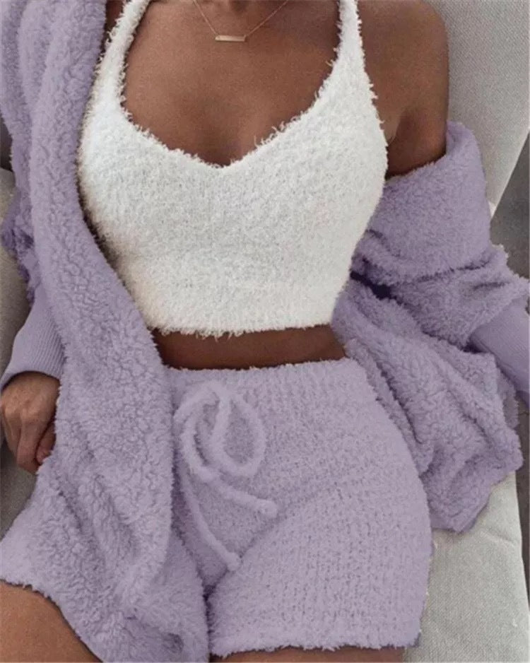 Go 3pcs Women Plush Pajamas Set Crop Top Cardigan and Shorts Sleepwear Jersey Lounge Set