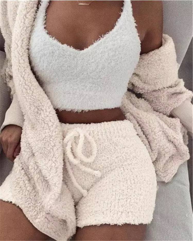 Go 3pcs Women Plush Pajamas Set Crop Top Cardigan and Shorts Sleepwear Jersey Lounge Set