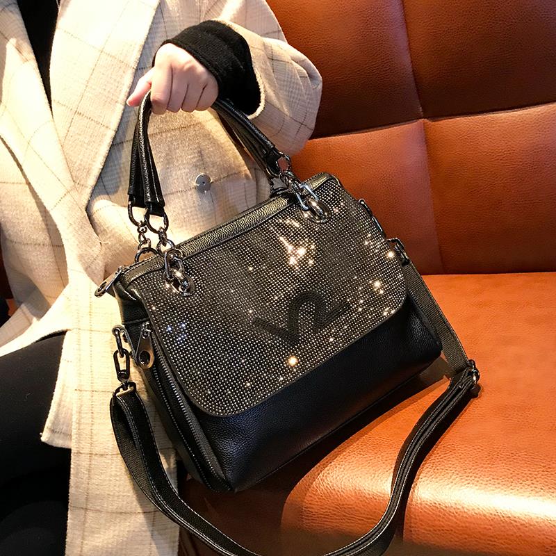 Fashion Soft Leather Handbag Women’s Bag Portable Shoulder Bag ladies Diamond Cowhide Simple Large Capacity Black Bags