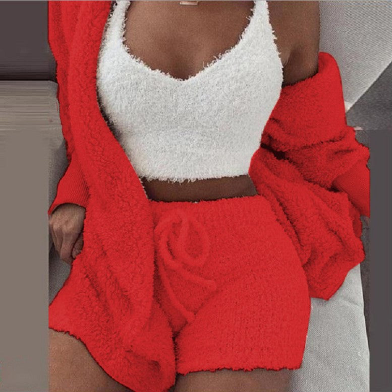 Go 3pcs Women Plush Pajamas Set Crop Top Cardigan and Shorts Sleepwear Jersey Lounge Set