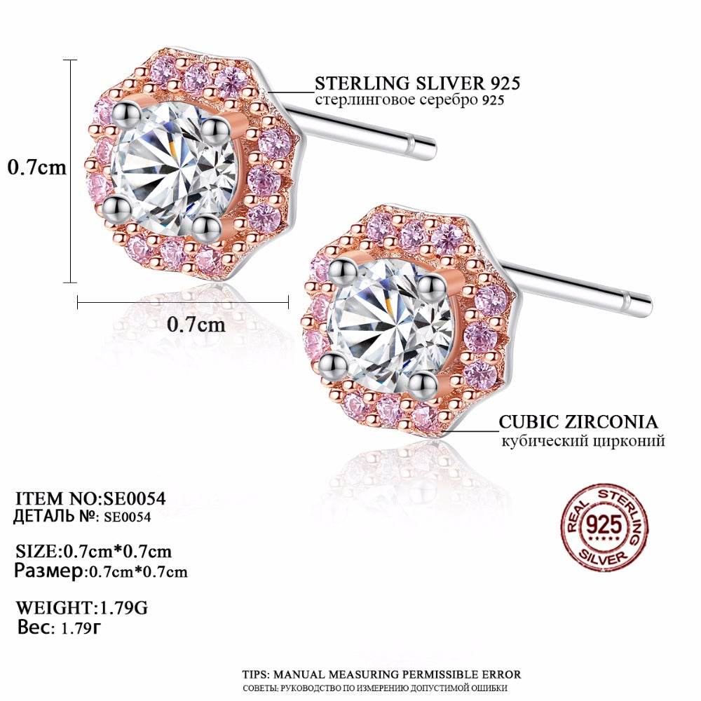 Pure Silver Earrings Women'S Korean Version Micro Inlaid Powder Zirconium Earrings Rose Gold Plating