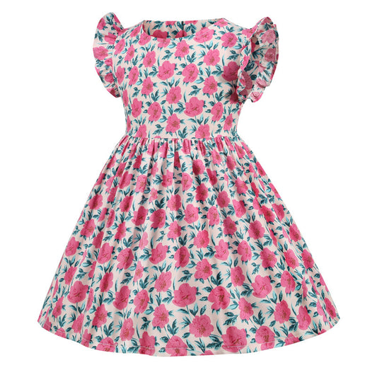 Summer New Style Round Neck Fashion Small Flying Sleeve Printed Cotton Short-sleeved Girl Dress