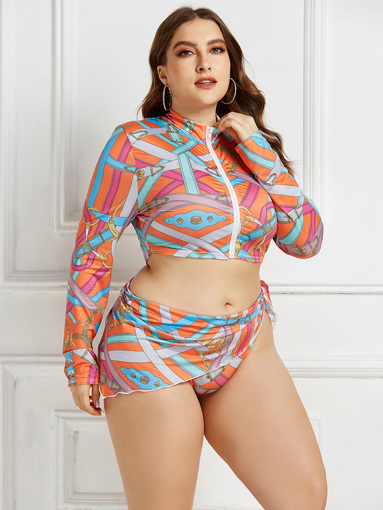 European And American Conservative Printed Bikini Ladies Split Long-sleeved New Swimsuit Swimwear 3-piece Set