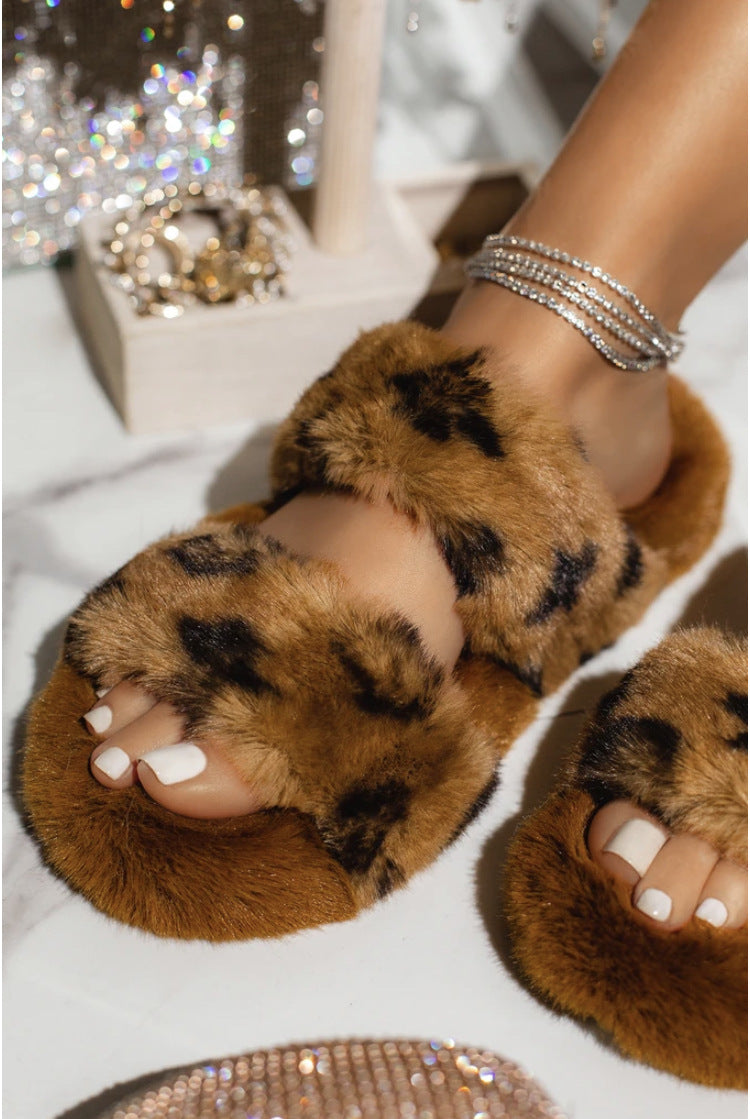 European And American Fashion Open-Toed Flat Fur Slippers Women