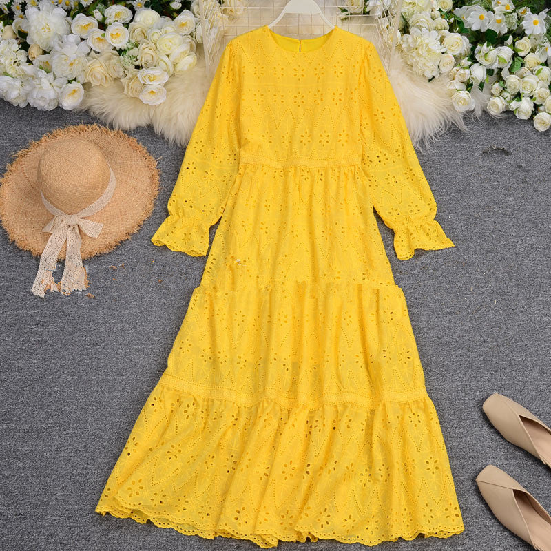 Embroidery Hollow Out Bubble Sleeve Medium Length Dress