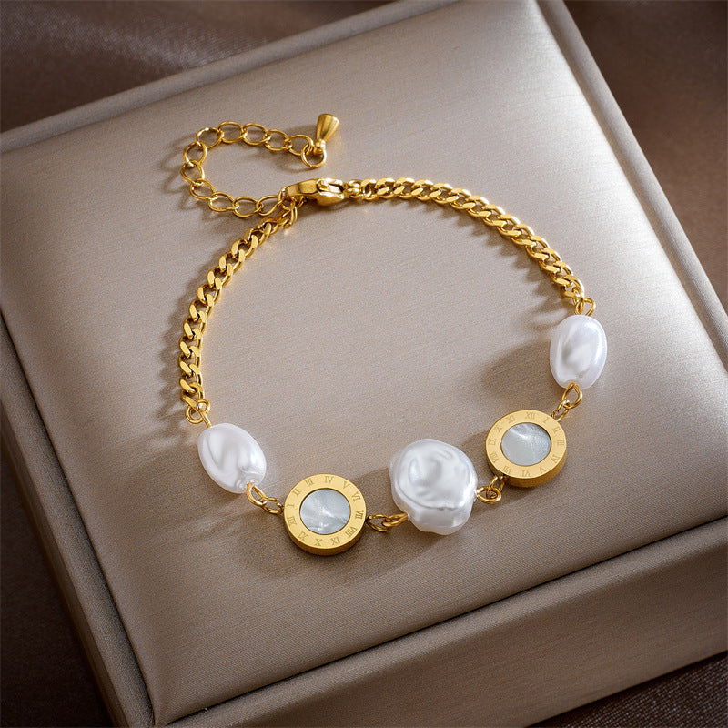 Double-layer Twin Chain Pearl Round Bracelet