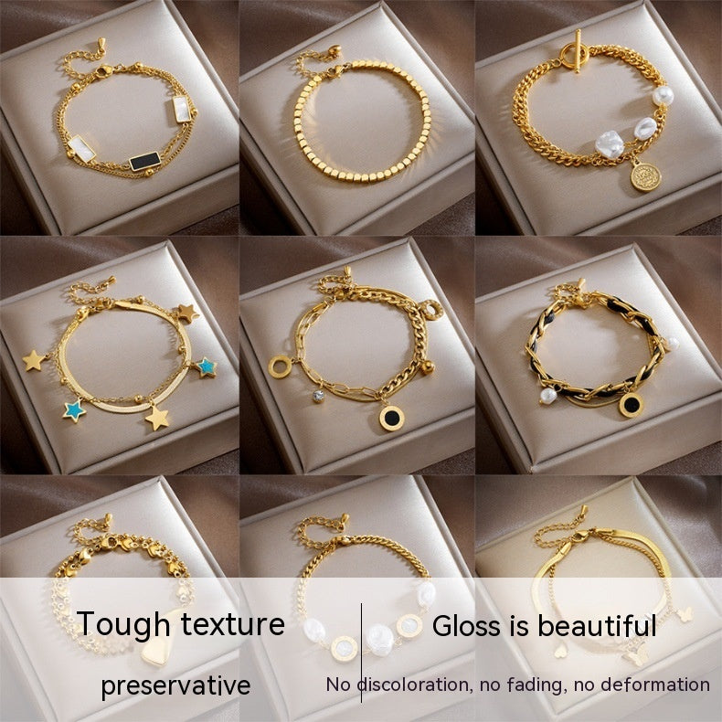 Double-layer Twin Chain Pearl Round Bracelet