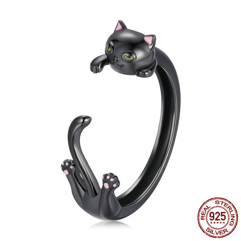 Electroplated Creative Black Cat Open Ring For Men And Women