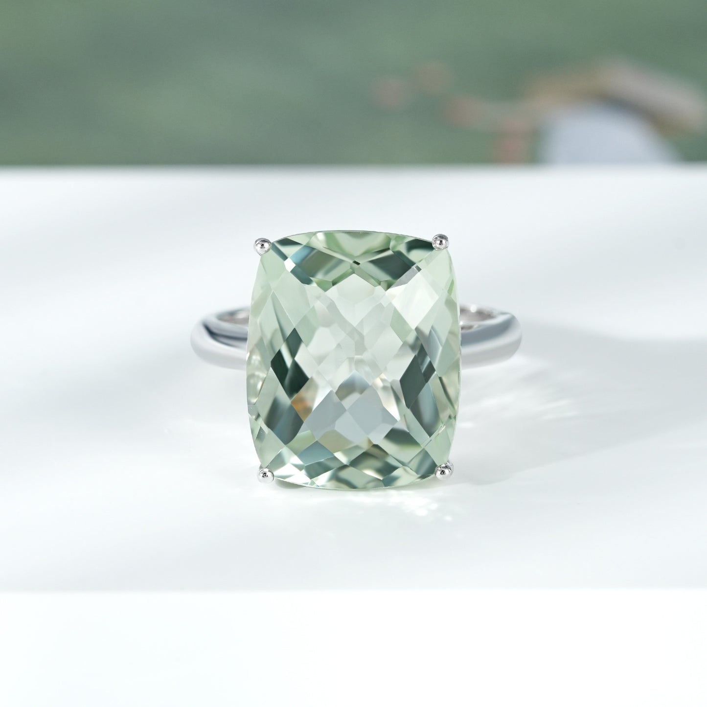 Natural Green  Prasiolite Ring Female S925 Sterling Silver Gemstone Inlaid Luxury