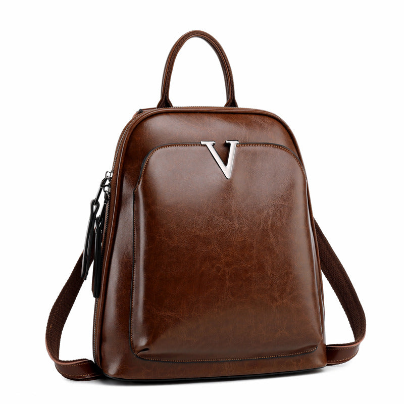 Coffee Genuine Leather Top Handle Zipper Everyday Backpack