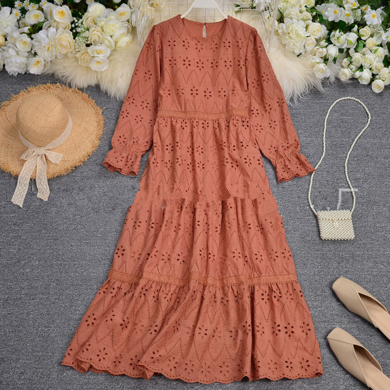 Embroidery Hollow Out Bubble Sleeve Medium Length Dress