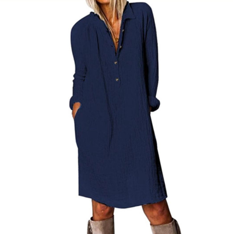 Ladies Loose Lapel Collar Dress Women Autumn With Pockets Button Down Dresses