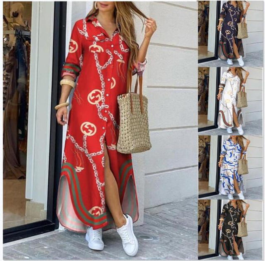 Fashion long sleeve chain print shirt dress