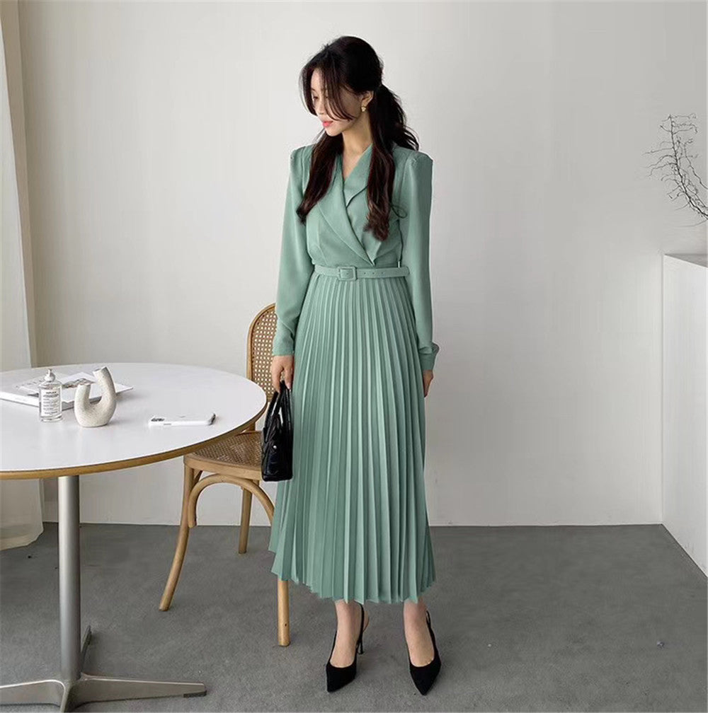 Waist Slimming Suit Tie Long Sleeve Pleated Dress