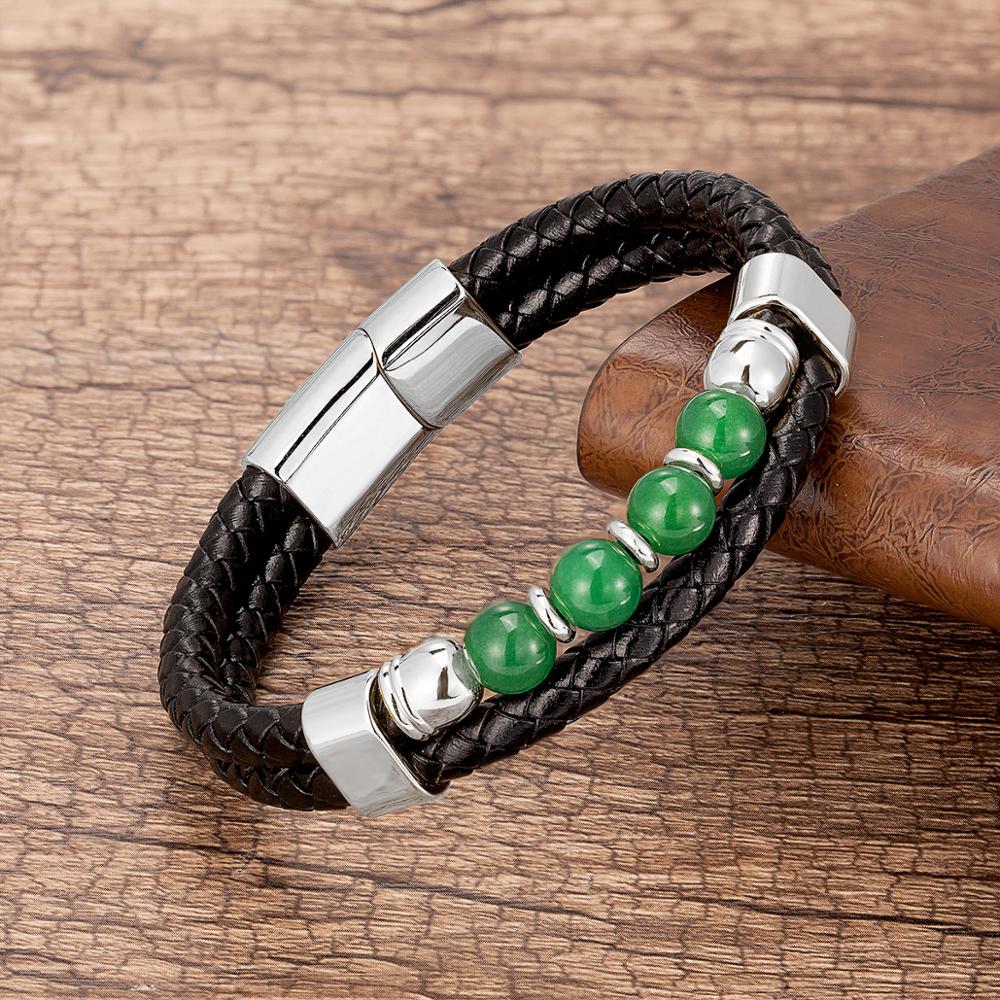 Stone Leather Bracelet Stainless Steel Magnet Buckle Pulsera para Hombre en Cuero y Jade – Power