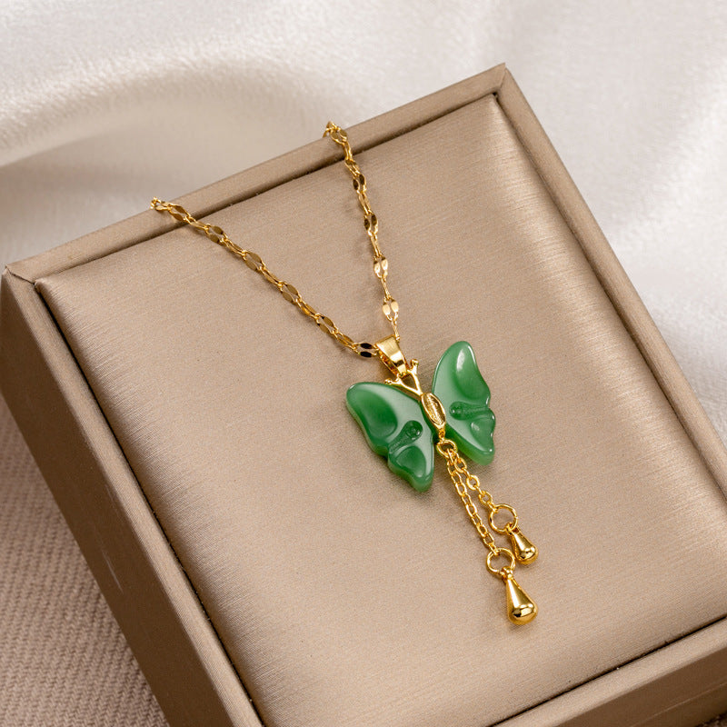 Jade Pendant Butterfly Tassel Pendant Necklace