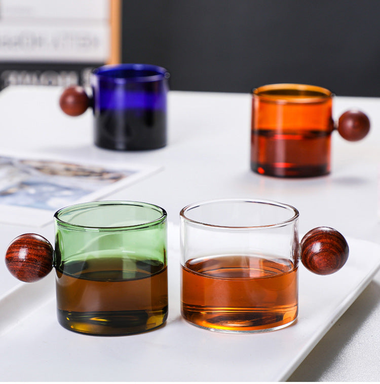 Glass Coffee Cup Stained Glass Cup Glass Tea Cup Coffee Set Glass Individual Cup Wooden handle hot and cold resistance