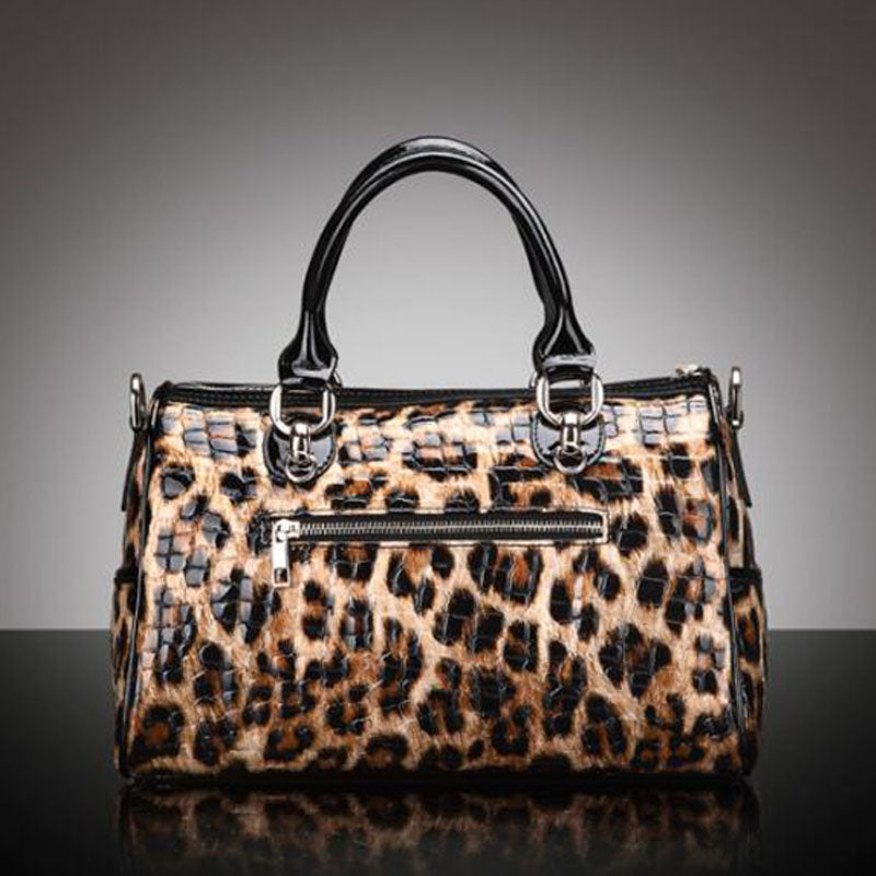 Genuine Leather Boston Handbag in Leopard Print