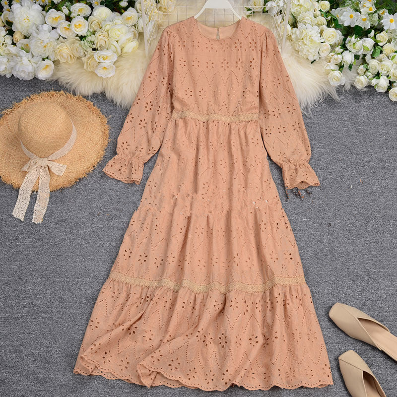 Embroidery Hollow Out Bubble Sleeve Medium Length Dress