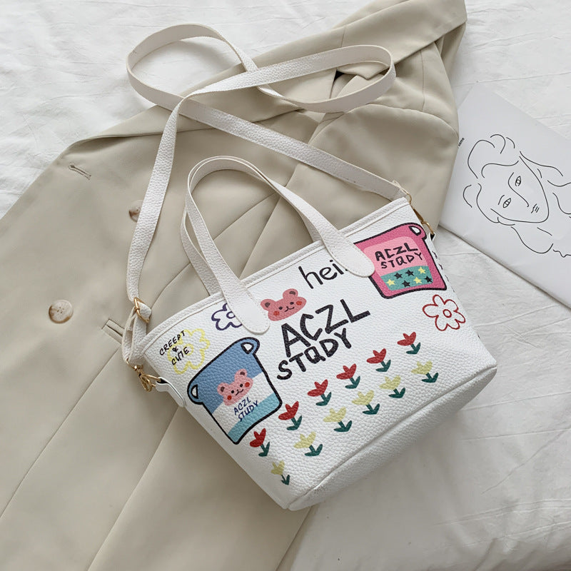 Female cartoon doodle bucket bag