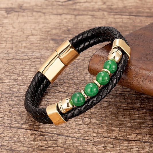 Stone Leather Bracelet Stainless Steel Magnet Buckle Pulsera para Hombre en Cuero y Jade – Power