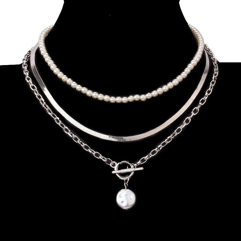 Elegant Multi-layer Pearl Personality All-match Chain Like Flat Snake Baroque Necklace