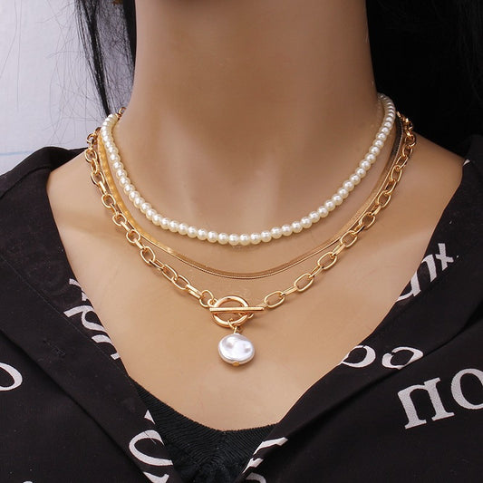 Elegant Multi-layer Pearl Personality All-match Chain Like Flat Snake Baroque Necklace