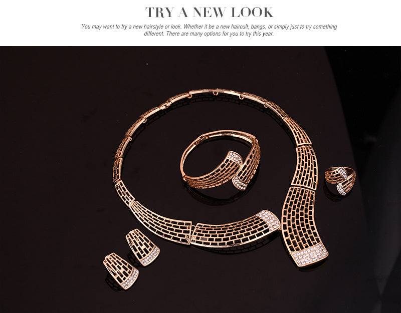 Fashion Alloy Hollow Textured Diamond Necklace Earrings Bracelet Ring Jewelry Set